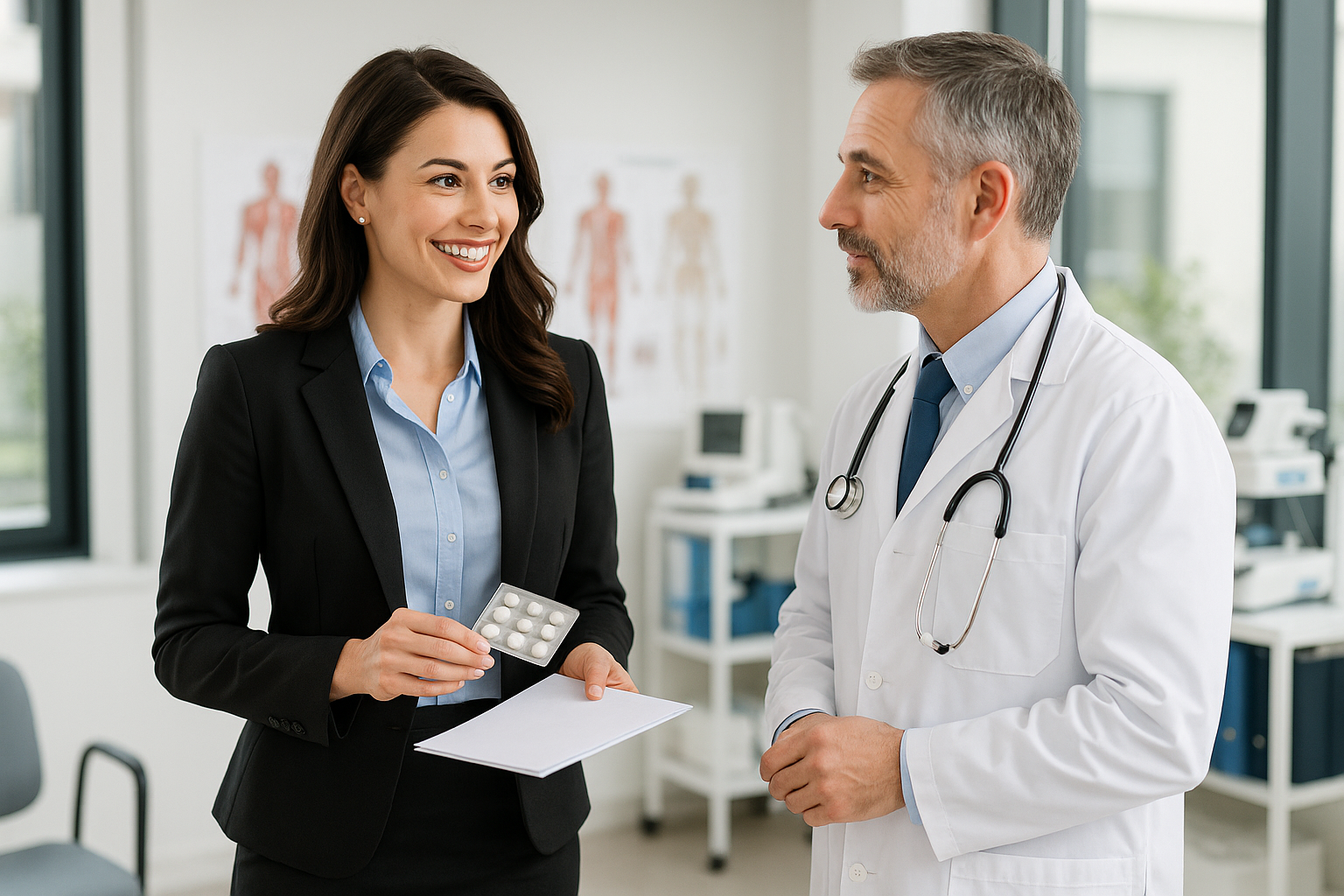 i need an attactive medical sales rep speaking with a doctor